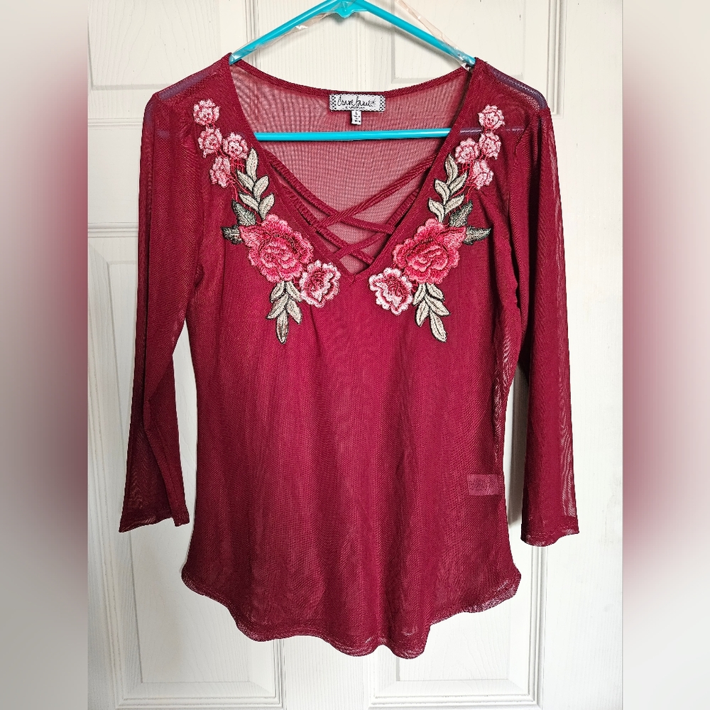 Crave Fame by Almost Famous burgundy see through floral embroidered blouse. Sz L